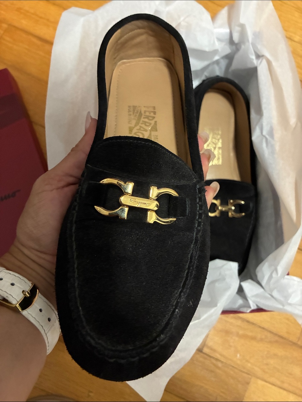 Salvatore Ferragamo Womens Black Suede Gancini Loafer Gold Bit Size 7.5 Driving